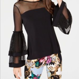 THALIA SODI TIERED BELL-SLEEVE MESH TOP